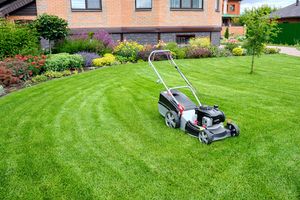 Grass cutter situated at trimmed and clean garden near house